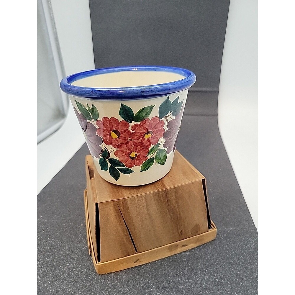 Vtg Jardiniere Flowerpot Handpainted Pink Purple Flowers Made in Italy SIGNED 4"